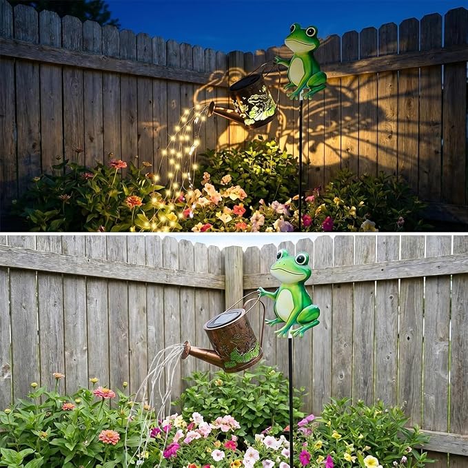 Solar-Powered Frog Watering Can Garden Stake Light, Metal Frog Statue Silhouette Pillar Garden Feature Light, for Christmas, Mother's Day, Birthday Gifts, Garden, Lawn, Courtyard Decorations.
