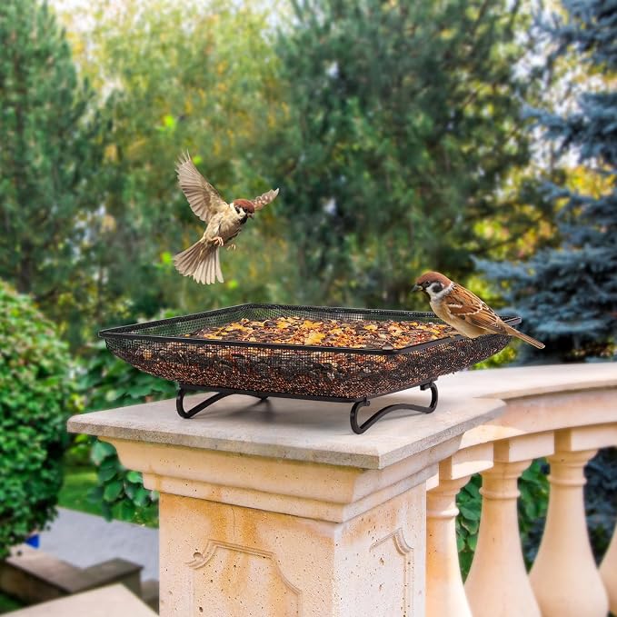 MIXXIDEA Ground Bird Feeder Tray 11x11 Inches, Metal Platform Mesh Seed Tray for Bird Feeders, Great Attracting Garden Yard Decoration for Wild Birds Squirrels Dove,2 Pack