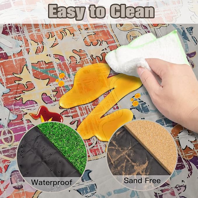 Picnic Blankets Extra Large Waterproof, 80"x 80"Vintage Boho Beach Mat with Corner Pockets Windproof Sandproof Foldable Portable 3-Layer Mat Darker for Wet Grass,Parks,Music Festival,Camping,Concerts