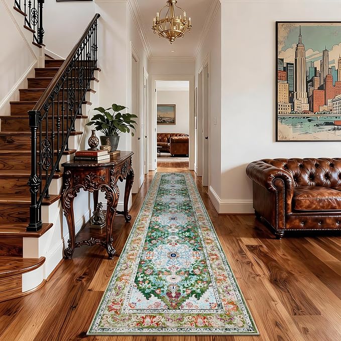U'Artlines 3'x14' Boho Hallway Runner Rug Non Slip Washable Runners,Green | Vintage Farmhouse Kitchen Rug Accent Area Carpet for Entryway, Dining Room and Living Room