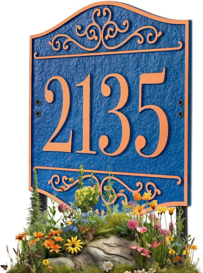 Personalized Lawn Address Sign - Custom Address Plaque,House Number Sign Plaque,House Numbers for Outside Lawn,Ground,Yard,Garden (Blue/Copper)