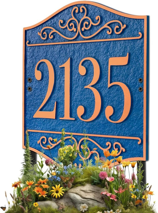 Personalized Lawn Address Sign - Custom Address Plaque,House Number Sign Plaque,House Numbers for Outside Lawn,Ground,Yard,Garden (Blue/Copper)