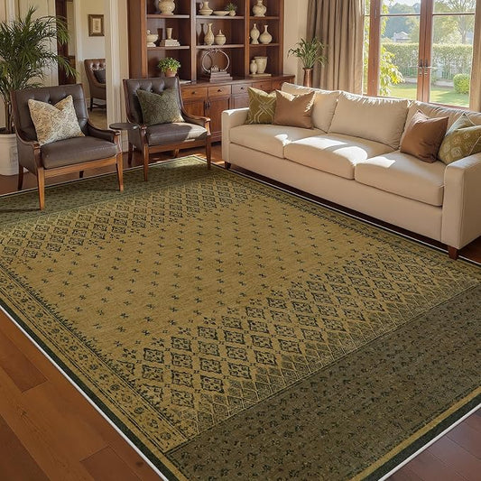 Joydeco Living Room Area Rug 6x9, Geometric Washable Rugs for Bedroom | Vintage Boho Non Slip Low Pile Soft Ultra Thin Distress Indoor Throw Floor Carpet for Dining Room Home Office Farmhouse Brown