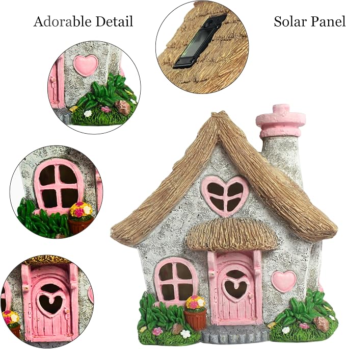 PRETMANNS Fairy House for Outside with Solar Powered LED Lights for Garden - Fairy Garden Houses for Outdoor - Miniature Accessories for Cottage Decor for Village - 7.56” High, Pink