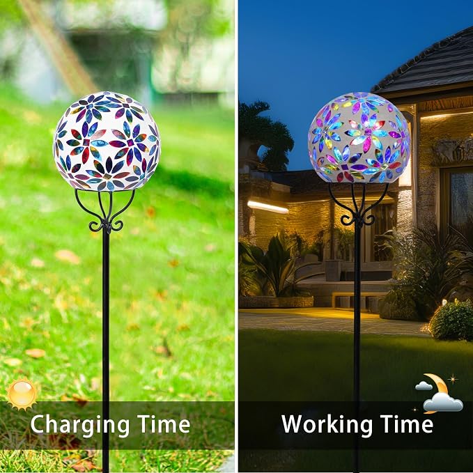 VCUTEKA Decorative Solar Garden Lights, 6" Mosaic Globe Outdoor Stake | Mosaic Glass Design, Solar LED Light, Weather Resistant, Auto On/Off and Metal Stake Design For Lawn and Patio, Multi