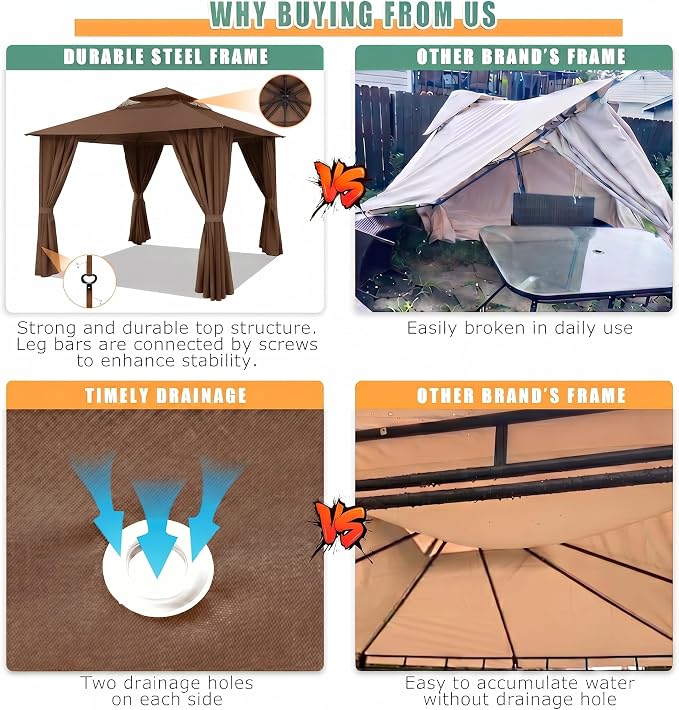 COBIZI 10x10 Gazebo with Double Roof & Mosquito Netting Outdoor Heavy-Duty Party Tent, Patio Tent with Zipper Screens - Backyard Garden Lawn Shelter Includes Wind Ropes Expansion Bolts, Brown