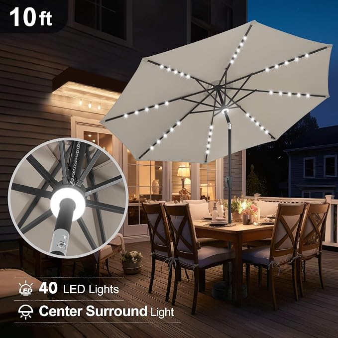 FLAME&SHADE 10 FT Solar Light Patio Umbrella, 40 LED Lights Outdoor Umbrella with Centre Surround Light, Table Market Umbrella for Deck, Pool, Porch, Backyard, Garden, UV Protection, Taupe