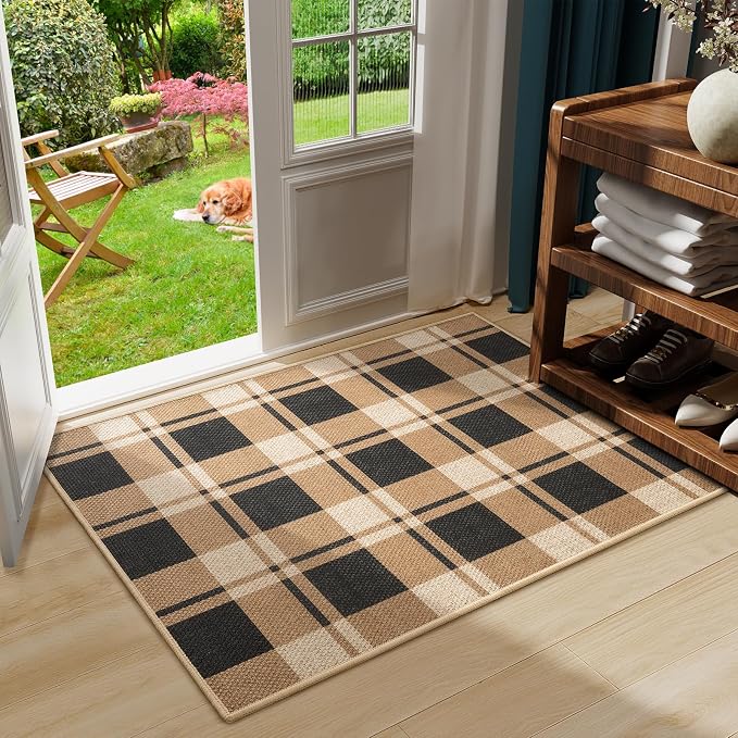 2x3 Checkered Jute Mat, Washable Non-Slip Farmhouse Rug, Black/Brown | Non-Slip Rubber Backing, Machine Washable, Low-Pile Jute, Farmhouse Geometric Design, Durable For Daily Use.
