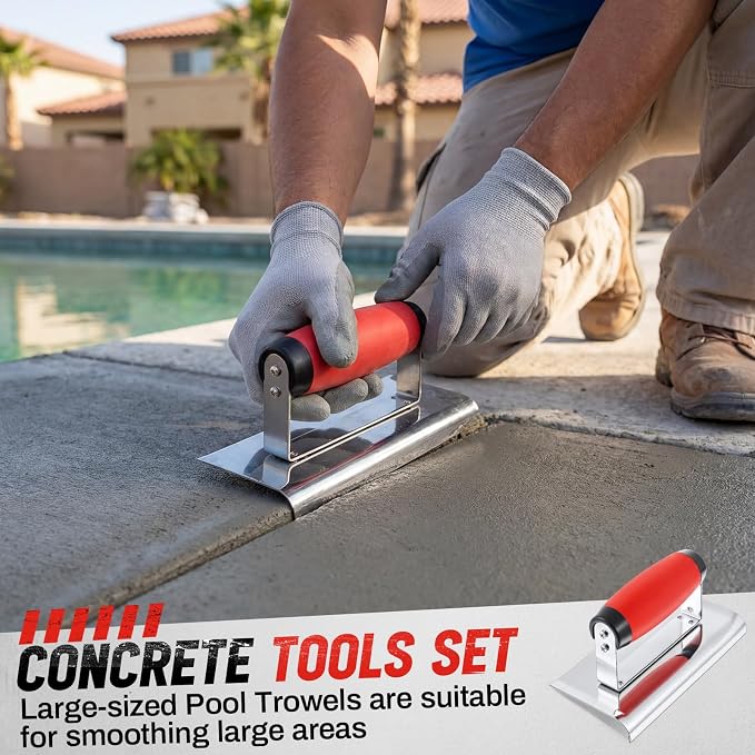 Large 20" & 16" Concrete Finishing Trowel Set, Stainless Steel Masonry & Plastering Finishing Trowels, Square & Round End Trowels with 6" x 3" 1/4" R Edger, DIY Patio, Driveway & Small Projects