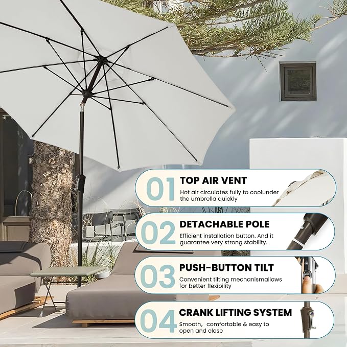 9FT Large Outdoor Patio Umbrella Pool Market Umbrella-UV Resistant, Easy Push Button Tilt and Crank, 8 Sturdy Ribs Heavy-Duty Table Umbrella for Deck, Backyard, Garden (White)