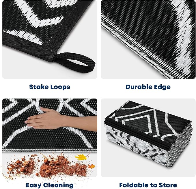 Kohree Outdoor Rug 6x9, Waterproof RV Outdoor Rugs, Reversible Outdoor Camping Rug Patio Rugs Clearance with 4 Corner Loops for RV, Deck, Backyard, Picnic, Easy to Clean & Carry, Black & White