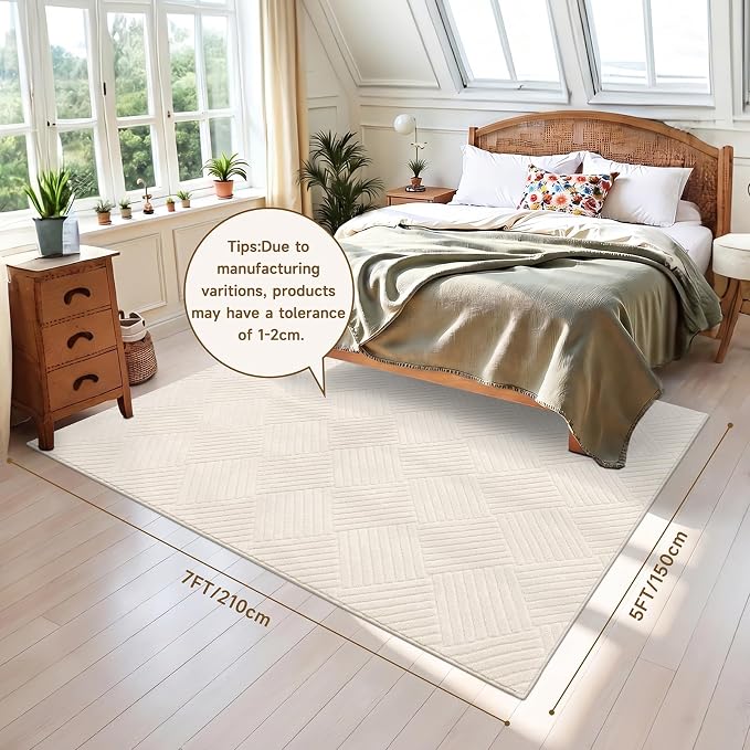 5x7 Living Room Area Rug, Beige Soft Geometric Fluffy Bedroom Mat | Washable Modern Indoor Floor Mat, Non Slip Shaggy Boho Accent Throw Carpet for Office, Dorm, Nursery and Dining Room