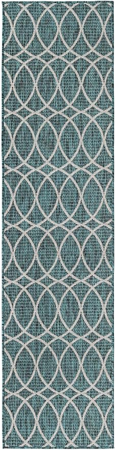 Unique Loom Outdoor Trellis Collection Area Rug - Gitter (2' x 8' Runner, Teal/ Ivory)