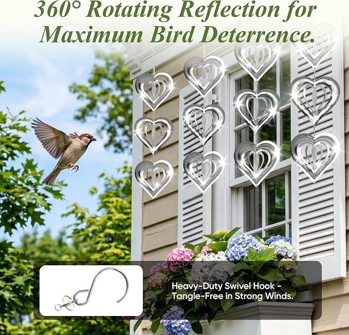 Reflective Wind Spinners for Outdoors, 12 PCS Stainless Steel Bird Control Discs with 360° Swivel Hooks, Humane 3D Hanging Ornament for Garden, Patio, Balcony & Orchard