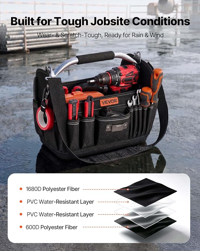 VEVOR Tool Bag, 13 Inch, 33-Pocket Open Top Tool Tote, Portable Electrical Maintenance Toolbox Organizer Storage with Hard Plastic Base, Adjustable Shoulder Strap, for Professionals DIY & Jobsite Use