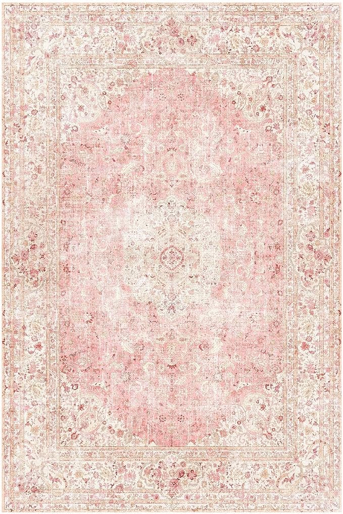 Latte&Fog Washable Entryway Rug 2x3, Vintage Pink Area Rugs for Kitchen | Low Pile Non Slip Soft Throw Rug Doormat for Entrance Bathroom Laundry Bedroom Nursery Playroom Hallyway Dorm Decor Office