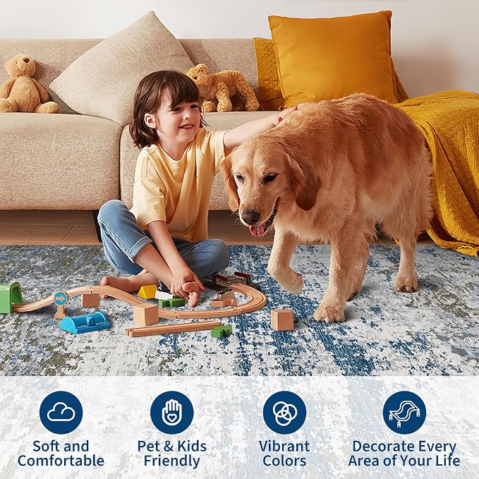 ROYHOME Modern Abstract 2x10 Runner Rug Non Slip, Navy | Non Shedding Rug Low Pile Stain Resistant for Bedroom Hallway Kitchen