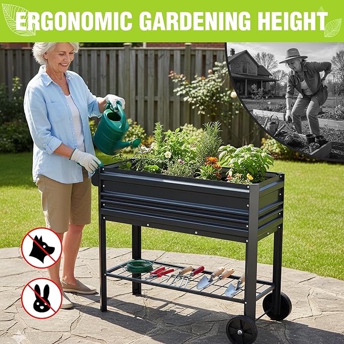 WORKPRO Galvanized Raised Garden Bed with Legs & Wheels, 37x14.6x31.6in, 400LB Capacity Elevated Planter Box for Garden, Backyard, Patio & Deck, Black