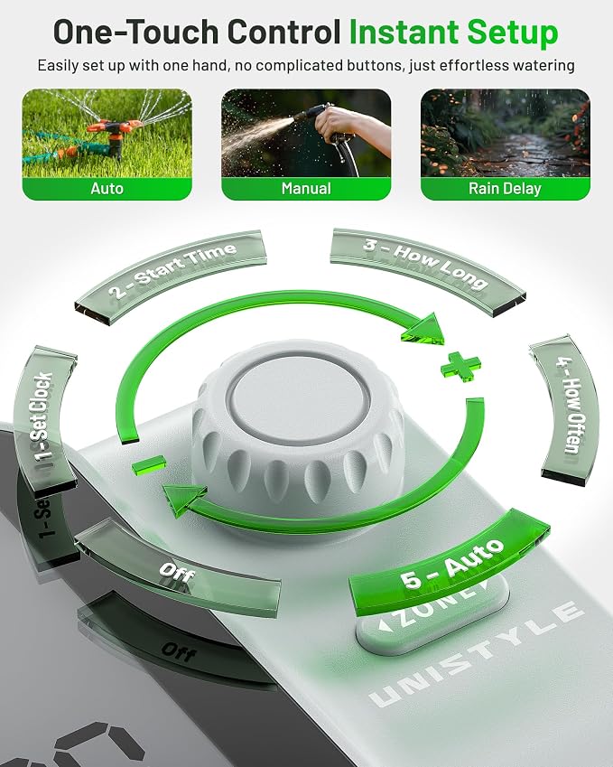 [All-New 2027] 3 Zone Sprinkler Timer with Brass Inlet, Unistyle Water Timer for Garden Hose with Rain Delay/Manual Watering/Automatic Irrigation, Hose Timers with Large LCD for Yard and Lawn Patio