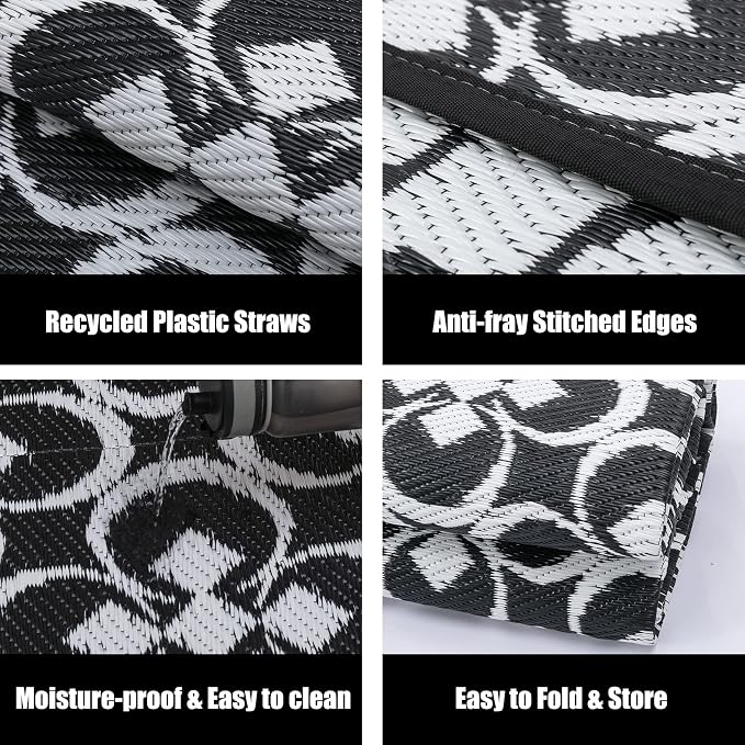 HUGEAR Outdoor Rug, Large Waterproof Outdoor Area Rug, Reversible Portable Outdoor Plastic Straw Carpet for RV Deck Camping Front Door Indoor Outside Porch Picnic (5x8ft Clover Black&White)