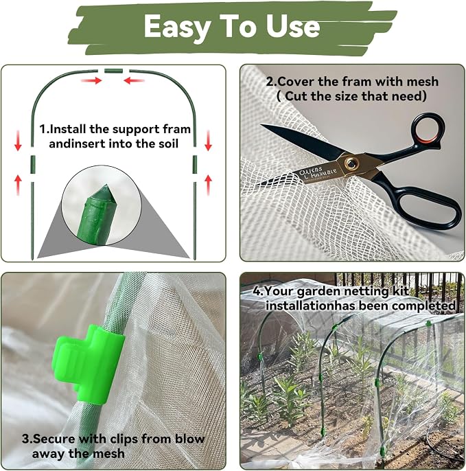 Garden Mesh Netting Kit for Raised Beds, 8 * 26FT Ultra Fine Plant Netting Covers with 6 Pcs Wide Garden Hoops & 12 Clips, Row Cover Net Protect Greenhouse Fruit Vegetable Flowers from Birds Bugs