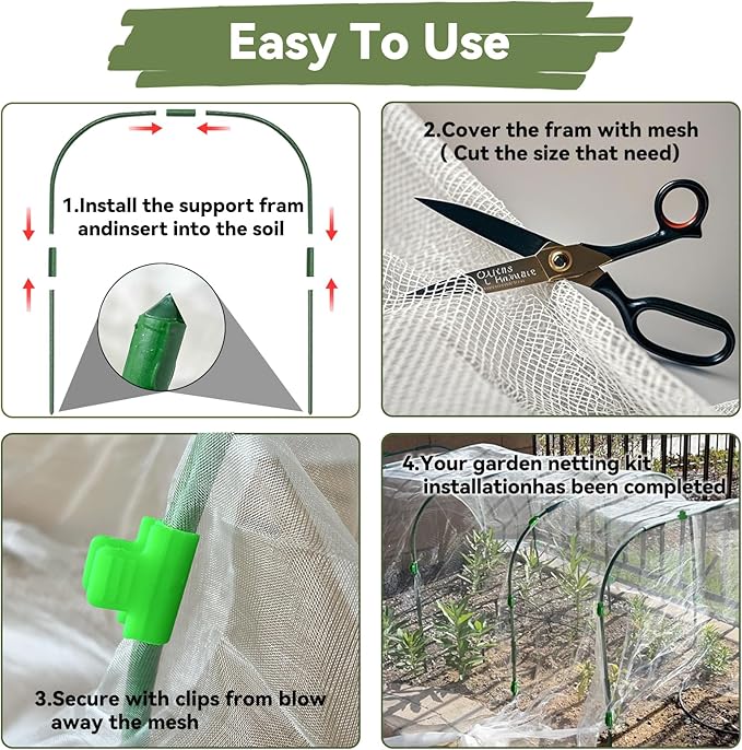 Garden Mesh Netting Kit for Raised Beds, 8 * 26FT Ultra Fine Plant Netting Covers with 6 Pcs Wide Garden Hoops & 12 Clips, 8 Ground Stakes Protect Greenhouse Fruit Vegetable Flowers from Birds Bugs