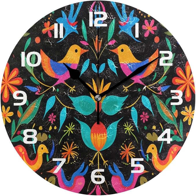 Mexican Flower Pattern Wall Clock, Silent Non Ticking 10 Inch Battery Operated Wall Clocks, Easy to Read Clock for Home Kitchen Living Room Bathroom Office Decor