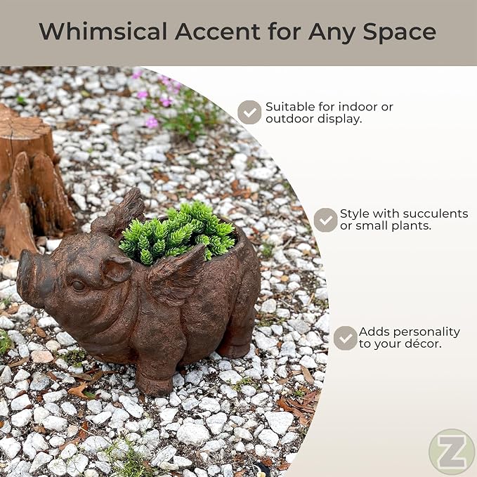 Zeckos Whimsical Flying Pig Planter with Drain Hole – 17 Inch Brown Magnesium Oxide Animal Planter for Succulents, Flowers, Indoor Outdoor Rustic Farmhouse Decor – Weather-Resistant Pig Garden Pot