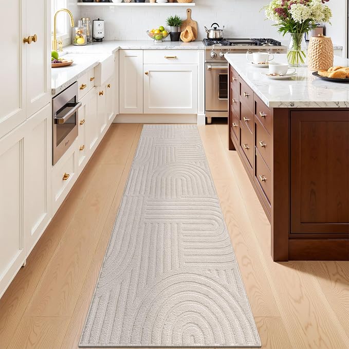 SHACOS Soft Cozy Fluffy Arch Pattern High-Low Pile Runner Rugs 2'x8' Non Slip Washable Scandinavian Minimalist Rug Runner Modern Geometric Carpet for Living Room Bedroom Bathroom Hallway, Beige