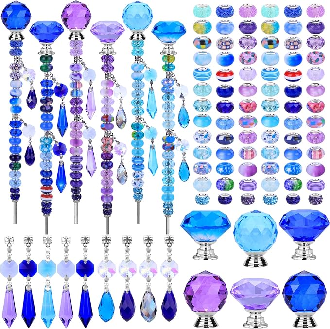 AIPRIDY DIY Crystal Beaded Fairy Wand Garden Stakes Kit, Colorful Decorative Wands with Assembly Guide, 12 or 10 Inch Threaded Rods,Outdoor Garden Decoration Set (208, Purple+Aqua+Blue)