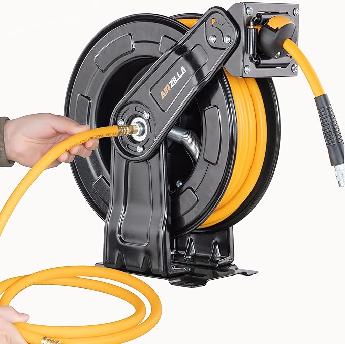 AIRZILLA Premium Steel Retractable Air Hose Reel With Dual Arm, 3/8"x65Ft Hybrid Polymer Hose, Heavy Duty Air Hose Reel included Auto Rewind Reel | Quick Air Coupler | Durable Double side Frame