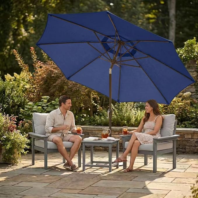 Kingdura 10FT Outdoor Patio Umbrella, Round Market Table Umbrella with Push‑Button Tilt and Crank Lift, 8 Sturdy Metal Ribs, UV50+ Protection Canopy for Backyard, Lawn, Deck, Poolside, Garden (Navy blue)