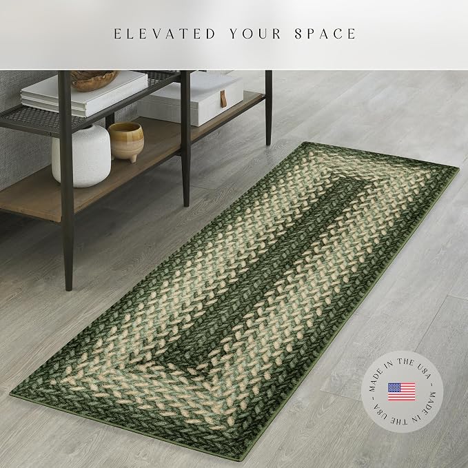 Maples Rugs Marion Bohemian Braided-Style Print Runner Rug – Made in USA – Washable, Non-Slip Indoor Runner for Hallway, Kitchen, and Laundry Room, 2' x 6', Green