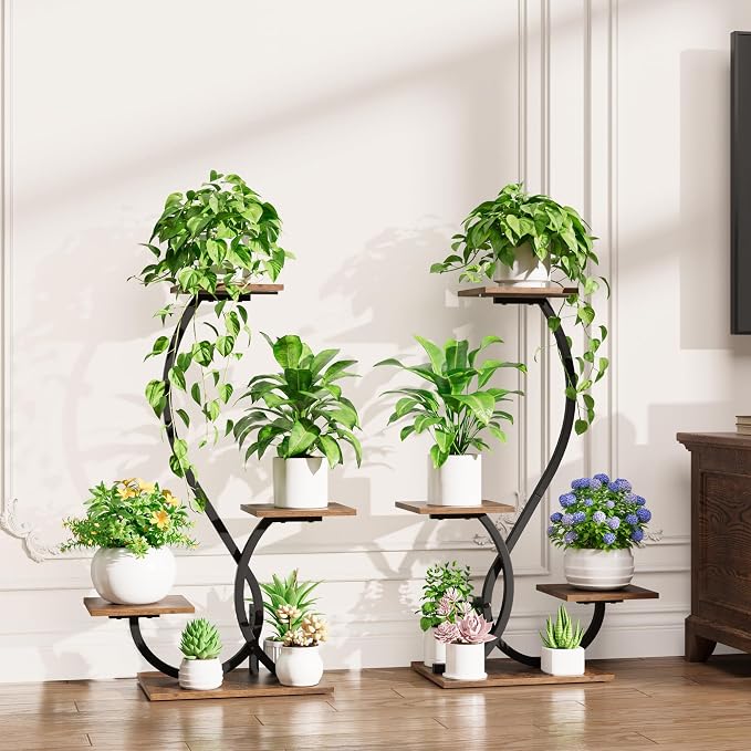 BACEKOLL Plant Stand Indoor with Grow Lights - 2 Pack Plant Shelf, Lighted Corner Plant Stands for Indoor Growing, 4 Tiered Metal Flower Holder, S-Shaped Decorative Shelves for Home, Hallway, Black