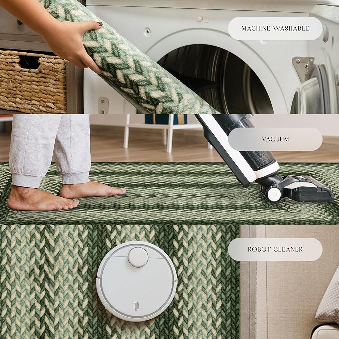 Maples Rugs Marion Bohemian Braided-Style Print Runner Rug – Made in USA – Washable, Non-Slip Indoor Runner for Hallway, Kitchen, and Laundry Room, 2' x 6', Green