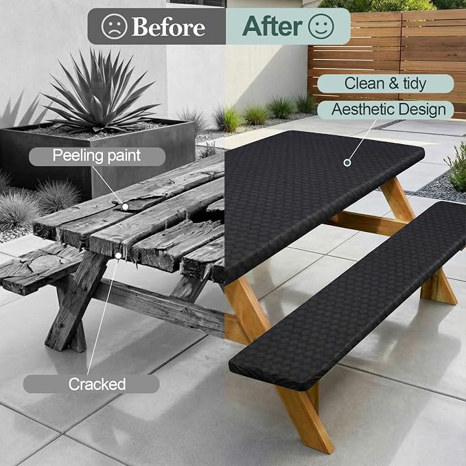 Play Tailor Picnic Table Cover with Bench Covers Camping Essentials Waterproof Windproof Camping Tablecloth with Drawstring Bag, Fitted Rectangle Tables and Seats, 72in, Black