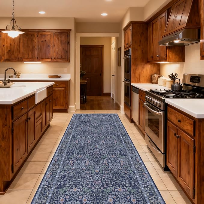 Washable 2'6" x 8' Runners for Hallways, Non Slip Long Floor Runner for Kitchen, Entryway Indoor, Stain Resistant Rubber Backing Floral Decor Rug (Blue)