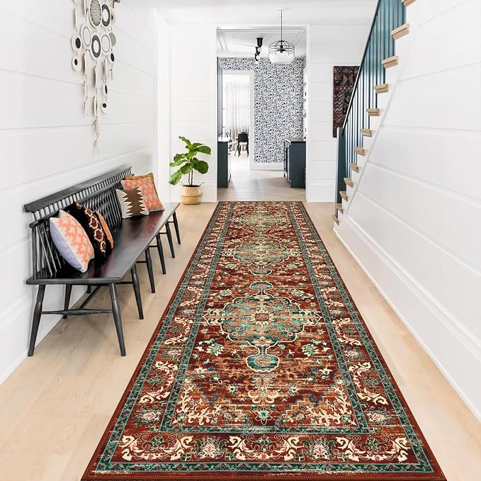 U'Artlines 2' x 8' Boho Hallway Runner Rug, Washable Carpet, Rust＆Teal | Non Slip, Vintage Farmhouse Accent Area Rug Carpet, for Kitchen Entryway Laundry and Living Room