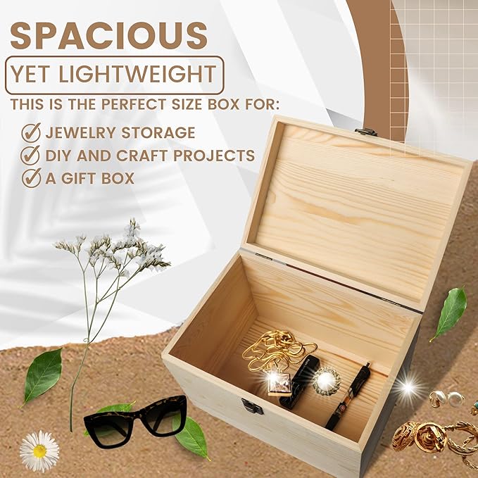 10x7x7-Inch Unfinished Wooden Box with Hinged Lid & Front Clasp for DIY Art Project Crafts Woodcraft Keepsake - Easy to Stain Paint Wood Burning