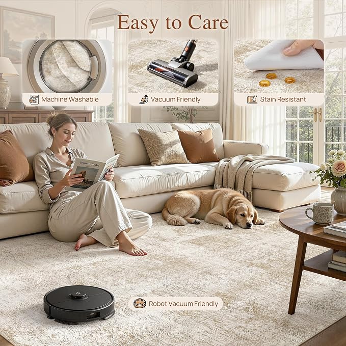 UERMEI 10x12 Area Rug for Living Room Washable Abstract Beige Carpet | Low Pile Non-Slip Soft Neutral Modern Kid Pet Friendly Large Rugs For Bedroom Dining Room Nursery Office Indoor Decor