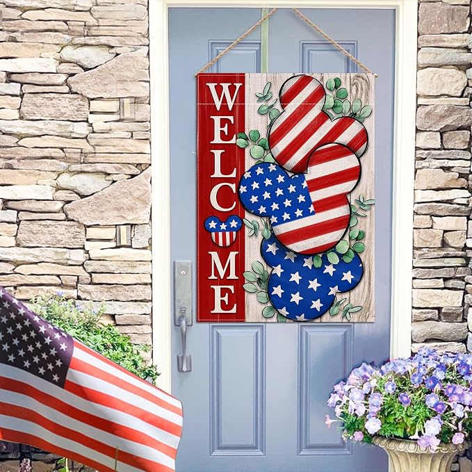 Welcome 4th of July Stars Stripes Patriotic Decorative House Flag, American USA Memorial Day Garden Yard Outside Decorations, Eucalyptus Summer Outdoor Large Home Decor Double Sided 28x40