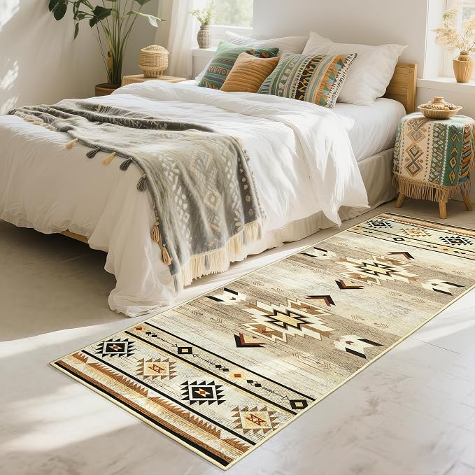 BENRON Western Hallway Runner Rug 2x4 for Bedroom, Washable, Beige Brown | Non Slip Southwest aztec Rug, Accent and Tribal Long Runners for Kitchen