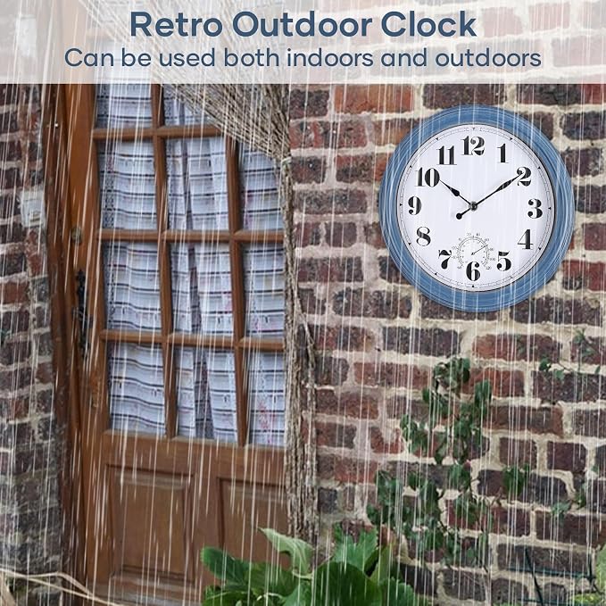 Outdoor Clock Waterproof 14 Inch Outdoor Clocks with Thermometer Combo Wall Clock Battery Operated Non-Ticking Blue Clocks for Patio Pool