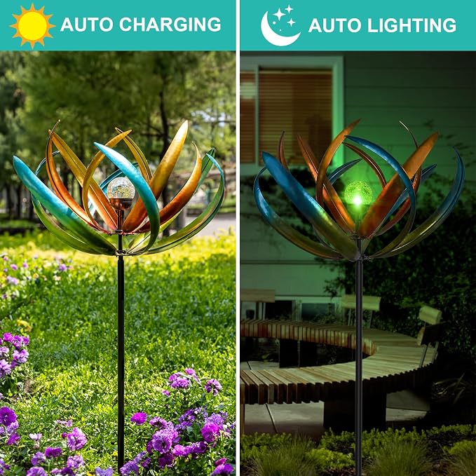 83-Inch Solar Wind Spinner Outdoor Metal, Kinetic Yard Art with Glass Globe | Colorful Rotating Petals And Solar Crackle Glass Globe Create Eye Catching Yard Art For Gardens, Patios, Lawns, And Pathways