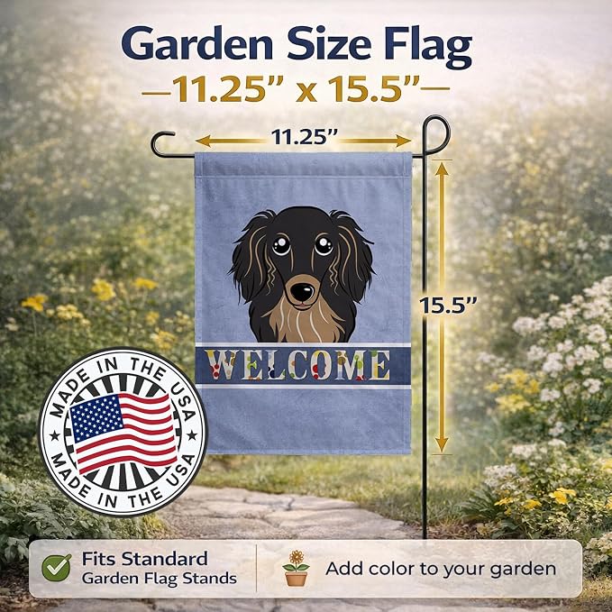 Caroline's Treasures BB1399GF Longhair Black and Tan Dachshund Welcome Garden Flag, Blue Mailbox Flag Decorative Yard Flag Banner Outside Patio Artwork Yard Flower Beds, Garden Size, Multicolor