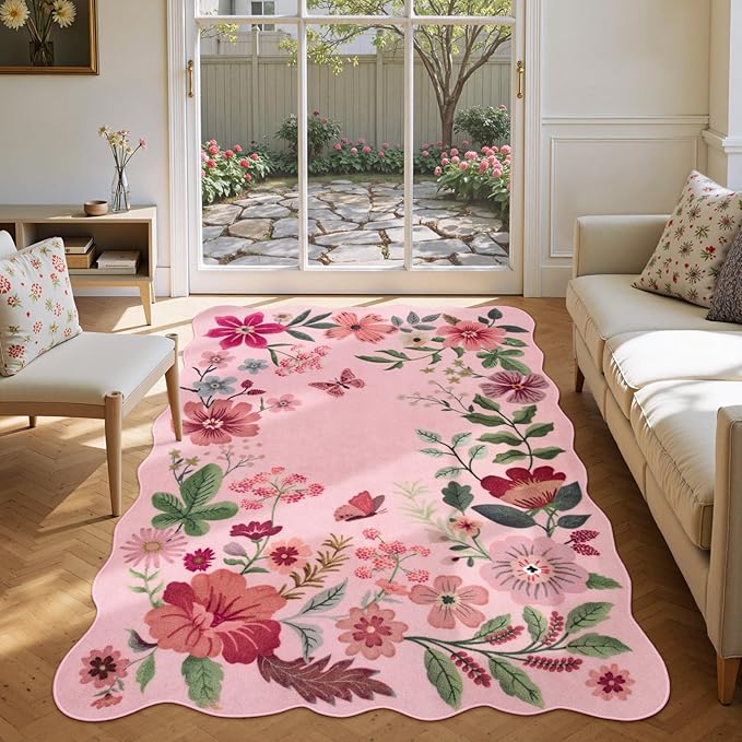 Lahome Floral Washable Rugs, 4X6 Pink Rugs for Bedroom Girls Living Room | Ultra-Thin Soft Non-Slip Stain Resistant Boho Low-Pile Throw Carpet for Nursery Office Flore (4x6ft, Pink)