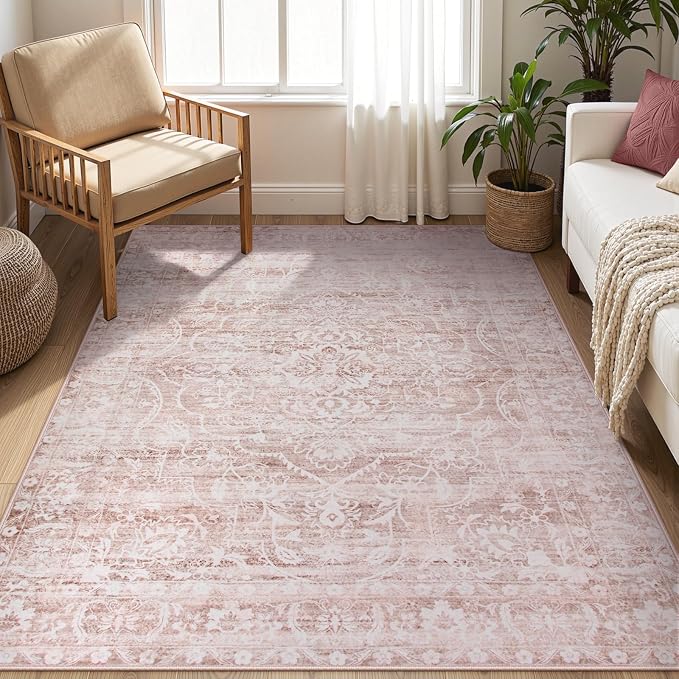 Lahome Pink Rug 6x9 Area Rugs, Soft Washable Rugs for Girls Bedroom | Living Room Rug Non Slip Ultra Thin, Boho Playroom Farmhouse Stain Resistant Carpet for Office Aube (Pink, 6'X9')
