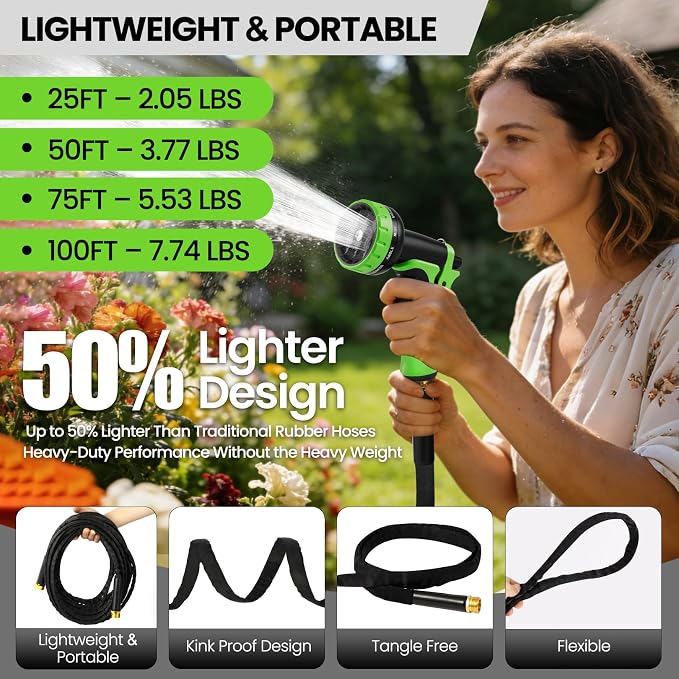 25FT Non-Expandable Garden Hose Lightweight Flexible Water Hose With Sprayer Nozzle High Pressure Kink Resistant & Leakproof Durable Portable For Yard Garden Lawn