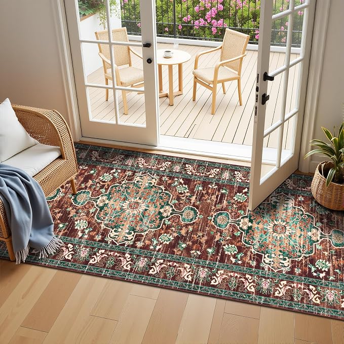 U'Artlines 3' x 10' Boho Hallway Runner Rug, Washable Carpet, Rust＆Teal | Non Slip, Vintage Farmhouse Accent Area Rug Carpet, for Bedroom, Dining Room, Laundry and Living Room