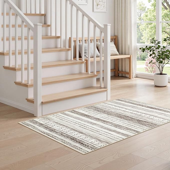 Tortania Area Rug Living Room Rugs - 3x5 Washable Large Soft Neutral Boho Moroccan Bohemian Farmhouse Rug Indoor Floor Carpet for Bedroom Under Dining Table Home Office Decor - Cream Brown